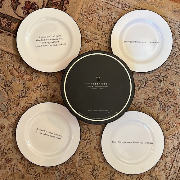 POTTERY BARN Cocktail Plate Set-of-4 White Porcelain Black "Cocktail Quotations" - Picture 1 of 15
